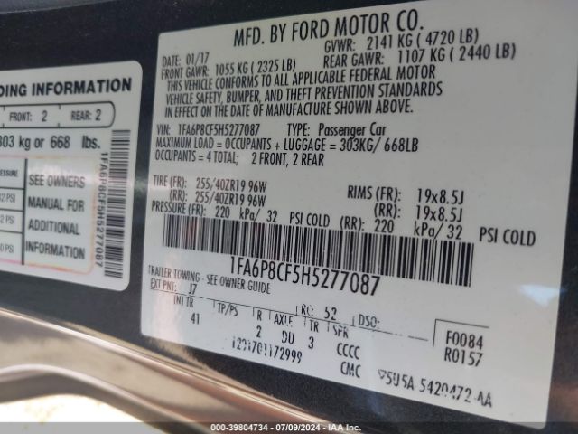 1FA6P8CF5H5277087 Ford Mustang Gt Premium
