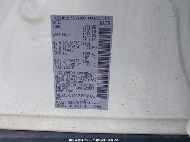 Nissan ROGUE SV 2018 5N1AT2MV1JC785802 Image 9