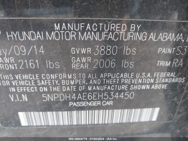5NPDH4AE6EH534450 Hyundai ELANTRA SE