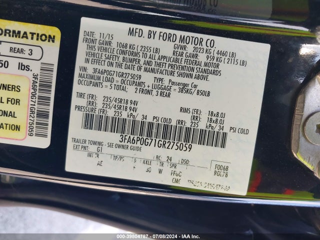 Ford FUSION S 2016 3FA6P0G71GR275059 Image 9