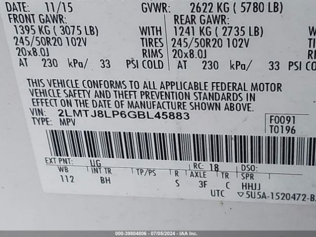 2LMTJ8LP6GBL45883 Lincoln Mkx Reserve