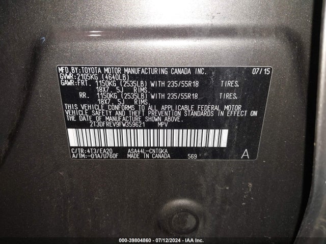 Toyota Rav4 Limited 2015 2T3DFREV9FW359621 Image 9