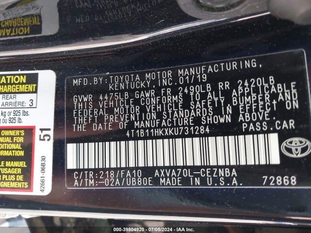 Toyota CAMRY LE 2019 4T1B11HKXKU731284 Image 9