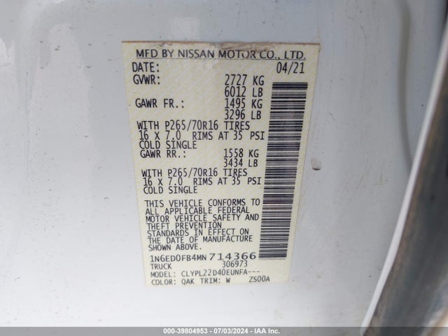 Nissan Frontier Long Bed Sv 4x4 2021 1N6ED0FB4MN714366 Image 9