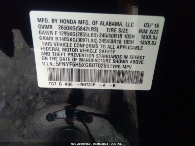 5FNYF6H5XGB070265 Honda Pilot Ex-l