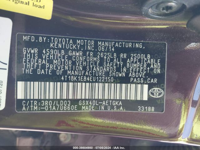 4T1BK1EB4EU122150 Toyota AVALON XLE