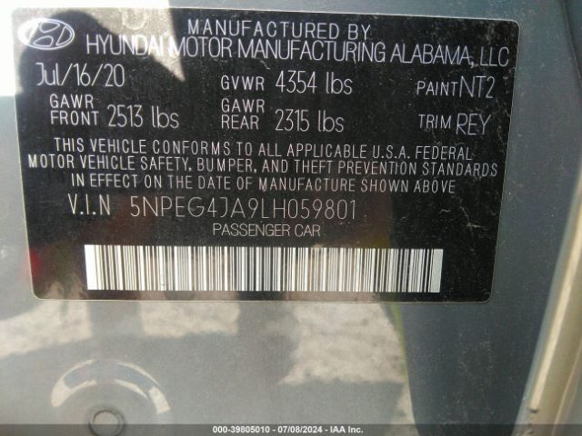 5NPEG4JA9LH059801 Hyundai SONATA SE