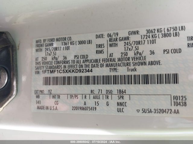 1FTMF1C5XKKD92344 Ford F-150 Xl