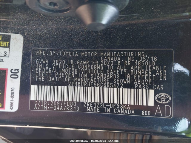 Toyota Corolla S 2016 2T1BURHE9GC685472 Image 9
