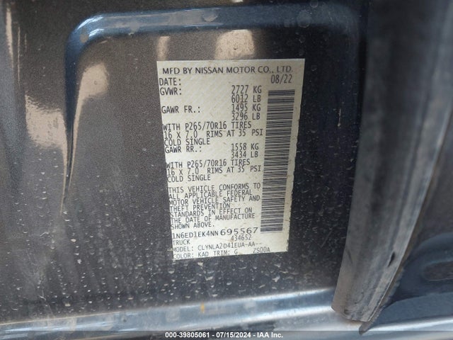 1N6ED1EK4NN695567 Nissan Frontier S 4x4