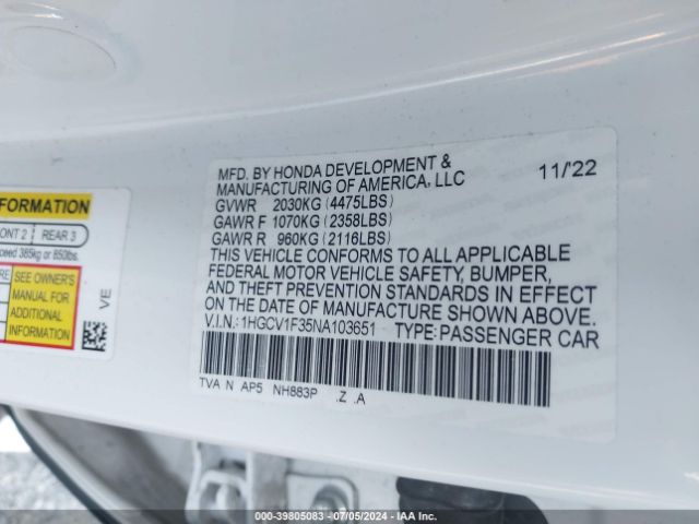 1HGCV1F35NA103651 Honda Accord Sport