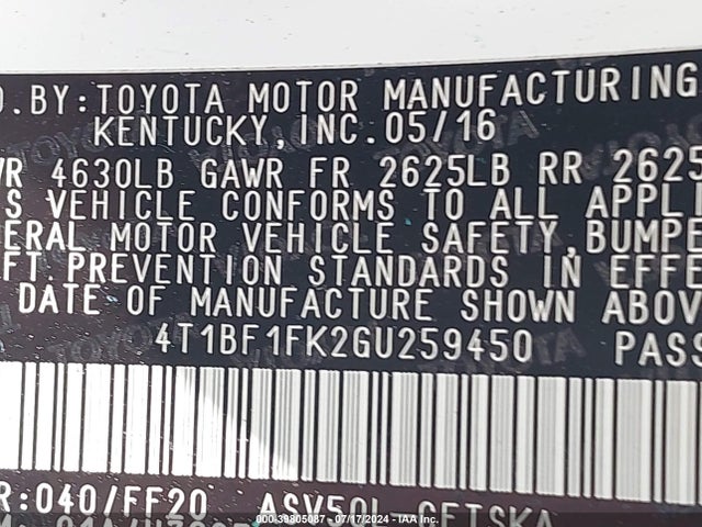Toyota CAMRY SE 2016 4T1BF1FK2GU259450 Image 9