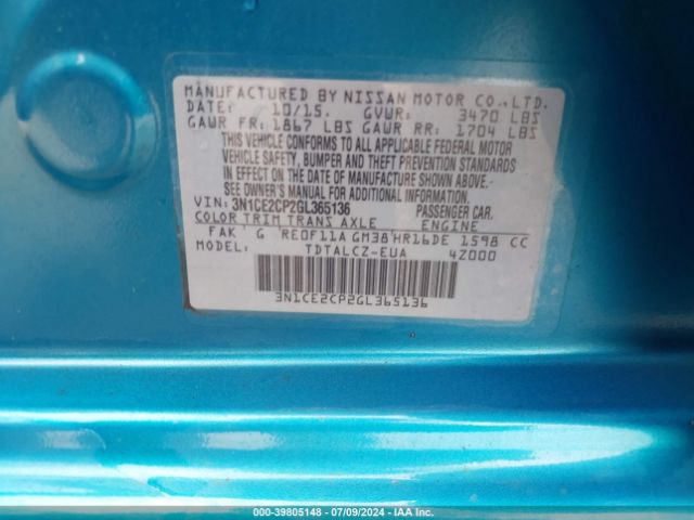 3N1CE2CP2GL365136 Nissan Versa Note S Plus
