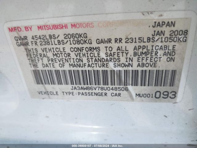 2008 MITSUBISHI LANCER EVOLUTION JA3AW86V78U048506 Photo 8