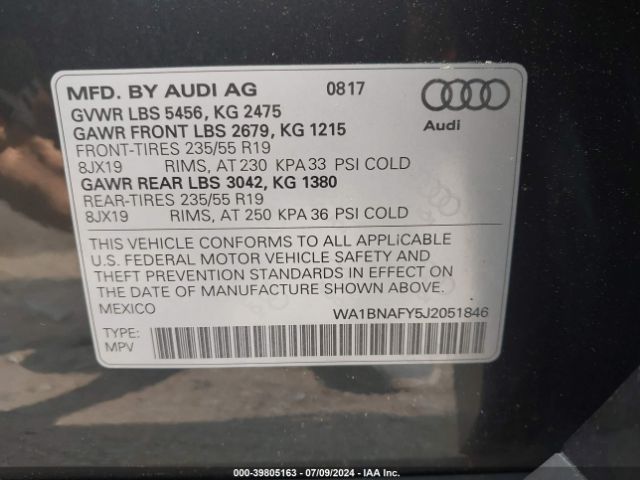 WA1BNAFY5J2051846 Audi Q5 2.0t Premium/2.0t Tech Premium