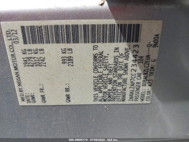 Продаж на аукціоні авто 2012 Nissan Altima 2.5 S, vin: 1N4AL2AP7CC234423, номер лоту: 39805174