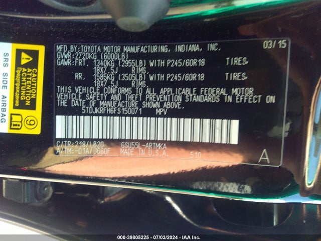 Toyota Highlander Xle V6 2015 5TDJKRFH6FS150071 Image 9
