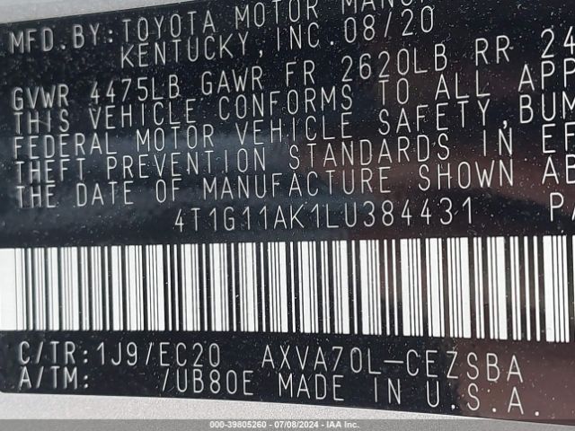 4T1G11AK1LU384431 Toyota Camry Se Nightshade Edition