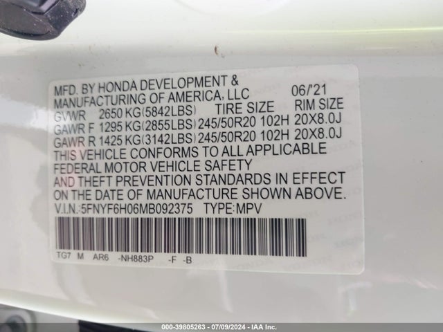 Honda Pilot Awd Elite 2021 5FNYF6H06MB092375 Image 9