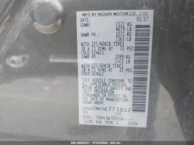 Nissan Rogue Sl 2017 5N1AT2MV7HC773812 Image 9