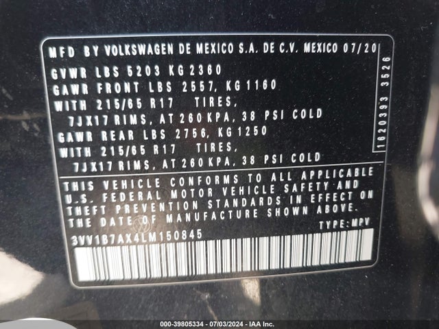 3VV1B7AX4LM150845 Volkswagen TIGUAN S
