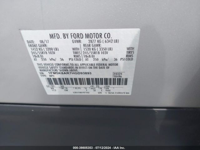 1FM5K8AR7HGD93893 Ford Utility Police Interceptor