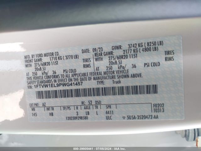 1FTVW1EL9PWG41457 Ford F-150 Lightning Lariat