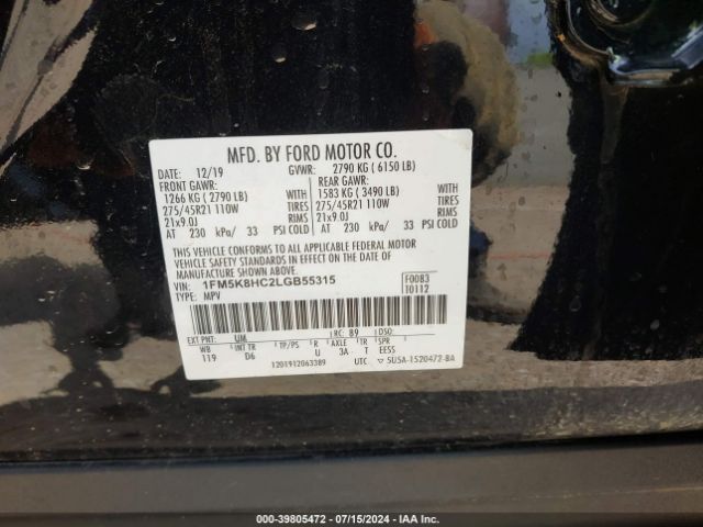 1FM5K8HC2LGB55315 Ford Explorer Platinum