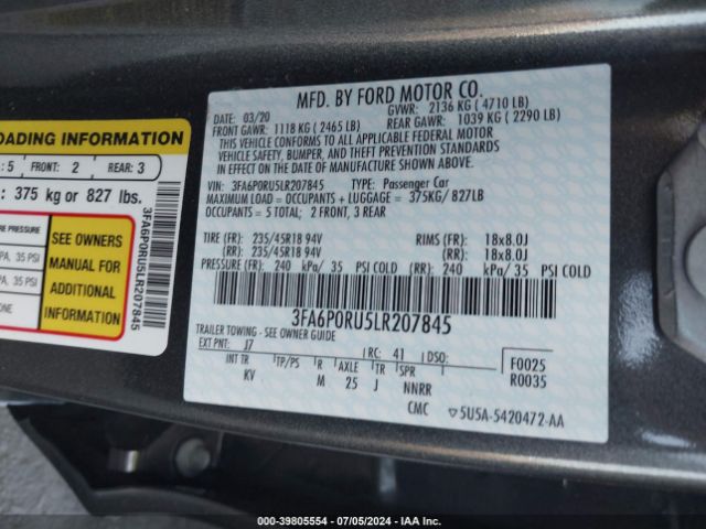 3FA6P0RU5LR207845 Ford Fusion Hybrid Titanium
