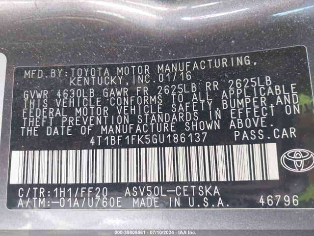 Toyota CAMRY SE 2016 4T1BF1FK5GU186137 Image 9