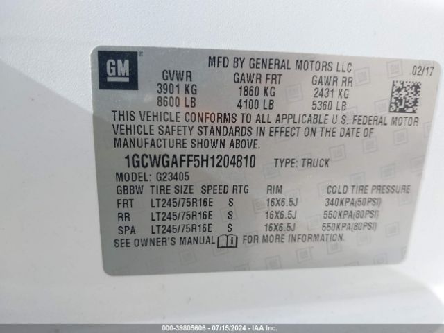 1GCWGAFF5H1204810 Chevrolet Express 2500 Work Van