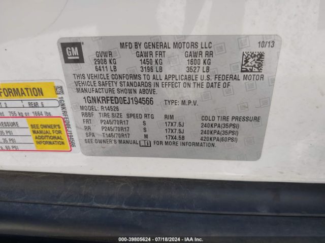 1GNKRFED0EJ194566 Chevrolet Traverse Ls