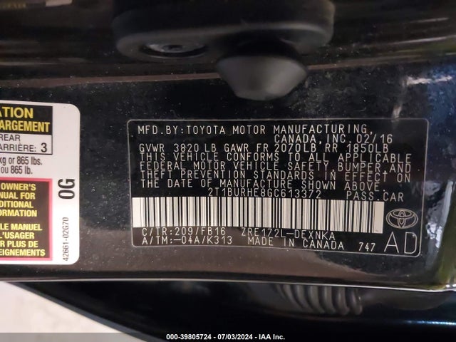 Toyota COROLLA LE 2016 2T1BURHE8GC613372 Image 9