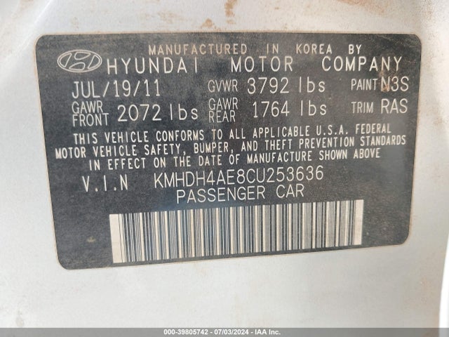 39805742 :رقم المزاد ، KMHDH4AE8CU253636 vin ، 2012 Hyundai Elantra Gls (ulsan Plant) مزاد بيع