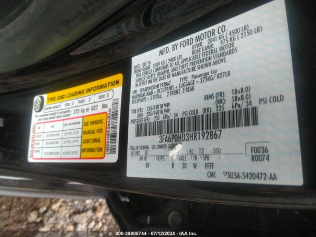2017 FORD FUSION 3FA6P0HD3HR192867 Photo 8