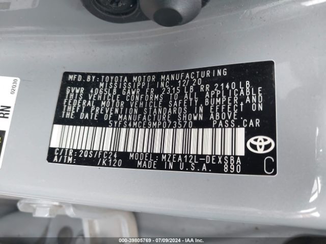 5YFS4MCE9MP073570 Toyota Corolla Se Apex Edition