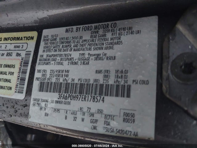 Ford FUSION SE 2014 3FA6P0H97ER178574 Image 9