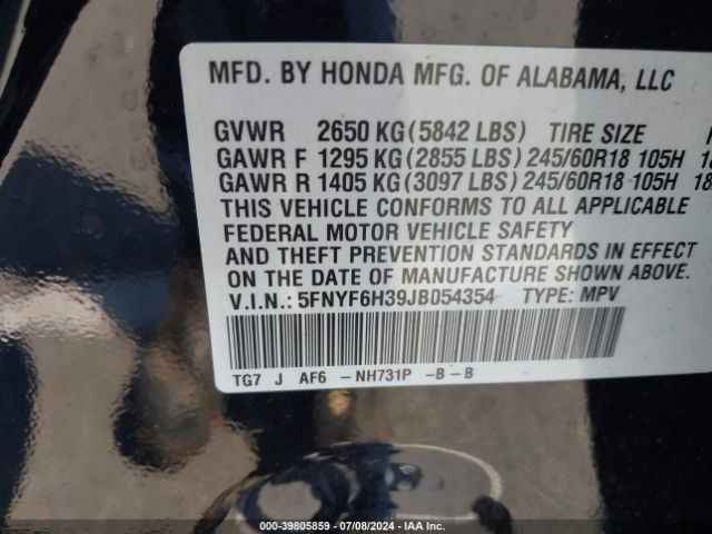 5FNYF6H39JB054354 Honda Pilot Ex