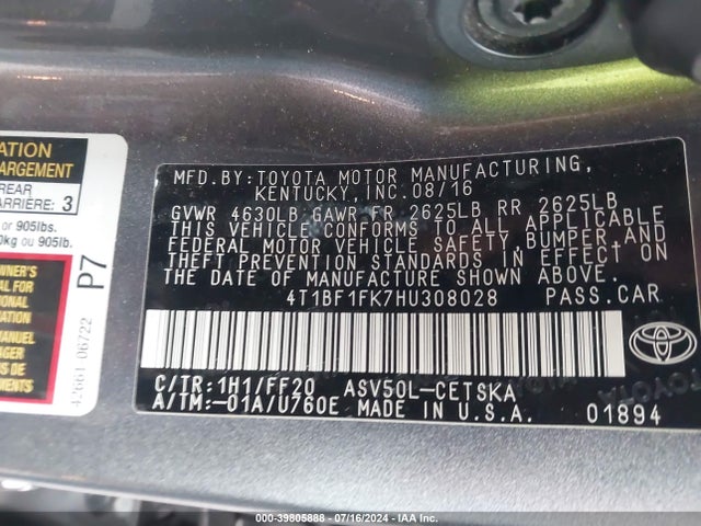 Toyota CAMRY SE 2017 4T1BF1FK7HU308028 Image 9