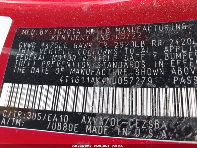 Toyota CAMRY SE 2022 4T1G11AK4NU057279 Image 9