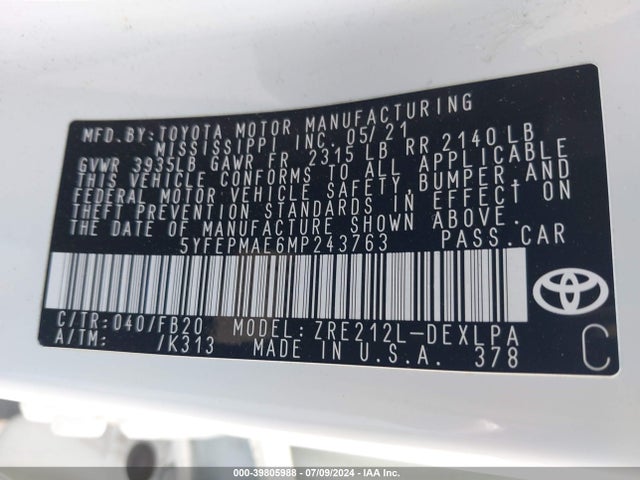 Toyota COROLLA LE 2021 5YFEPMAE6MP243763 Image 9