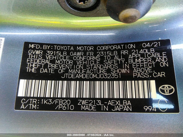 JTDEAMDE0MJ032351 Toyota Corolla Hybrid Le