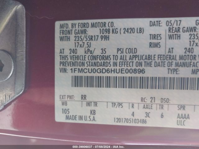 1FMCU0GD6HUE00896 Ford ESCAPE SE