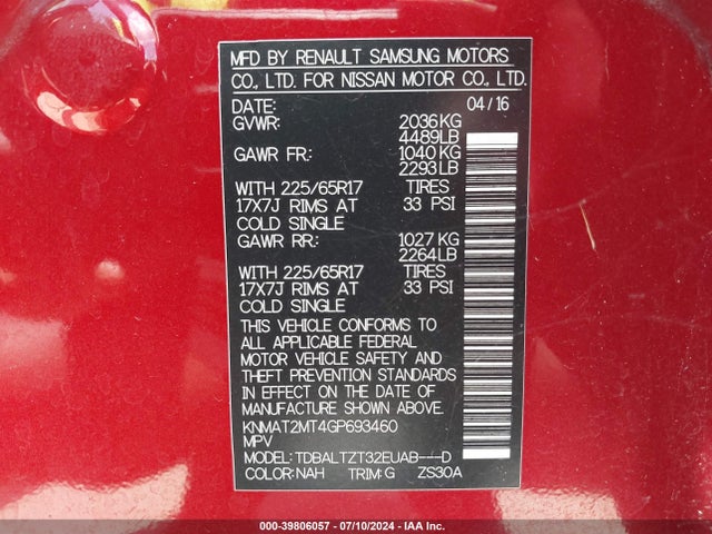 Nissan ROGUE SV 2016 KNMAT2MT4GP693460 Image 9