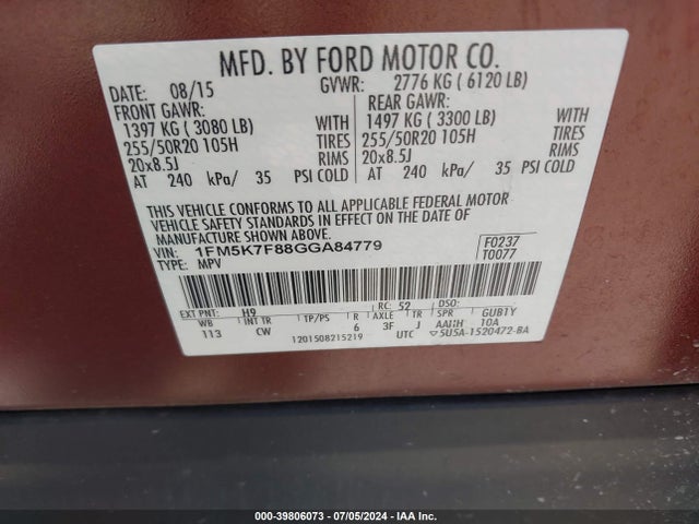 Ford Explorer Limited 2016 1FM5K7F88GGA84779 Image 9