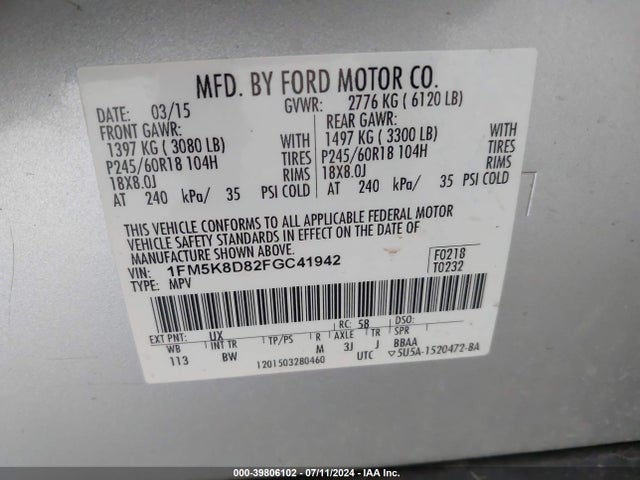 Ford EXPLORER XLT 2015 1FM5K8D82FGC41942 Image 9