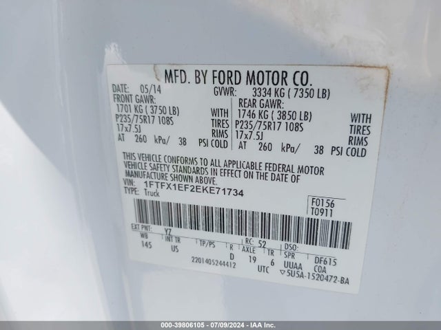 Ford F-150 Xlt 2014 1FTFX1EF2EKE71734 Image 9