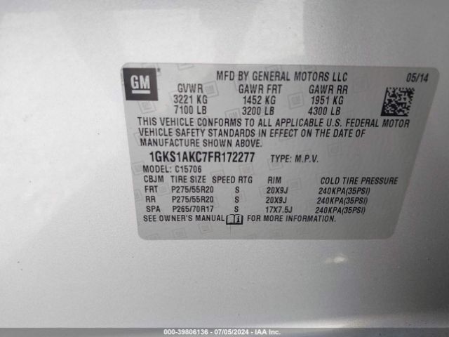 1GKS1AKC7FR172277 GMC YUKON SLE
