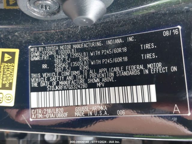 5TDJKRFH7GS324280 Toyota Highlander Xle V6