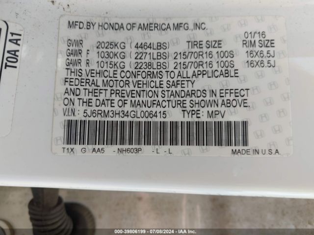 5J6RM3H34GL006415 Honda CR-V LX